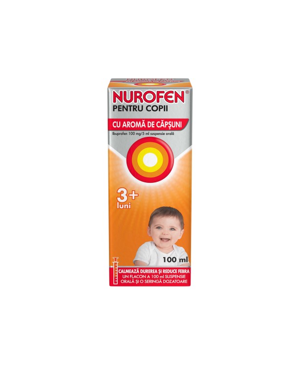 Nurofen pentru copii suspensie orală, 3 luni+ cu aromă de căpșuni 100 mg/5 ml, 100 ml
