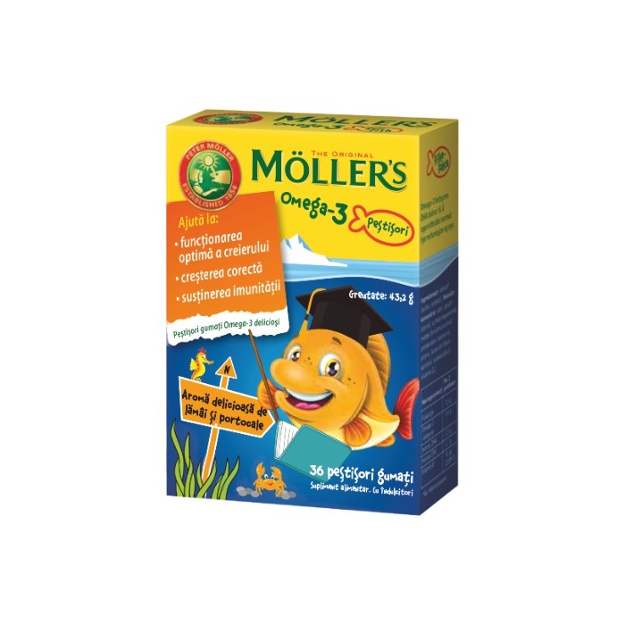Moller's Omega-3 Gummy Fish, 36 jeleuri, aromă lămâie & portocale